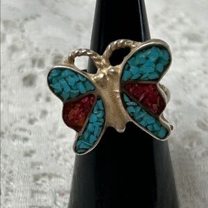Navajo butterfly vintage ring with inlay of turquoise and coral chips